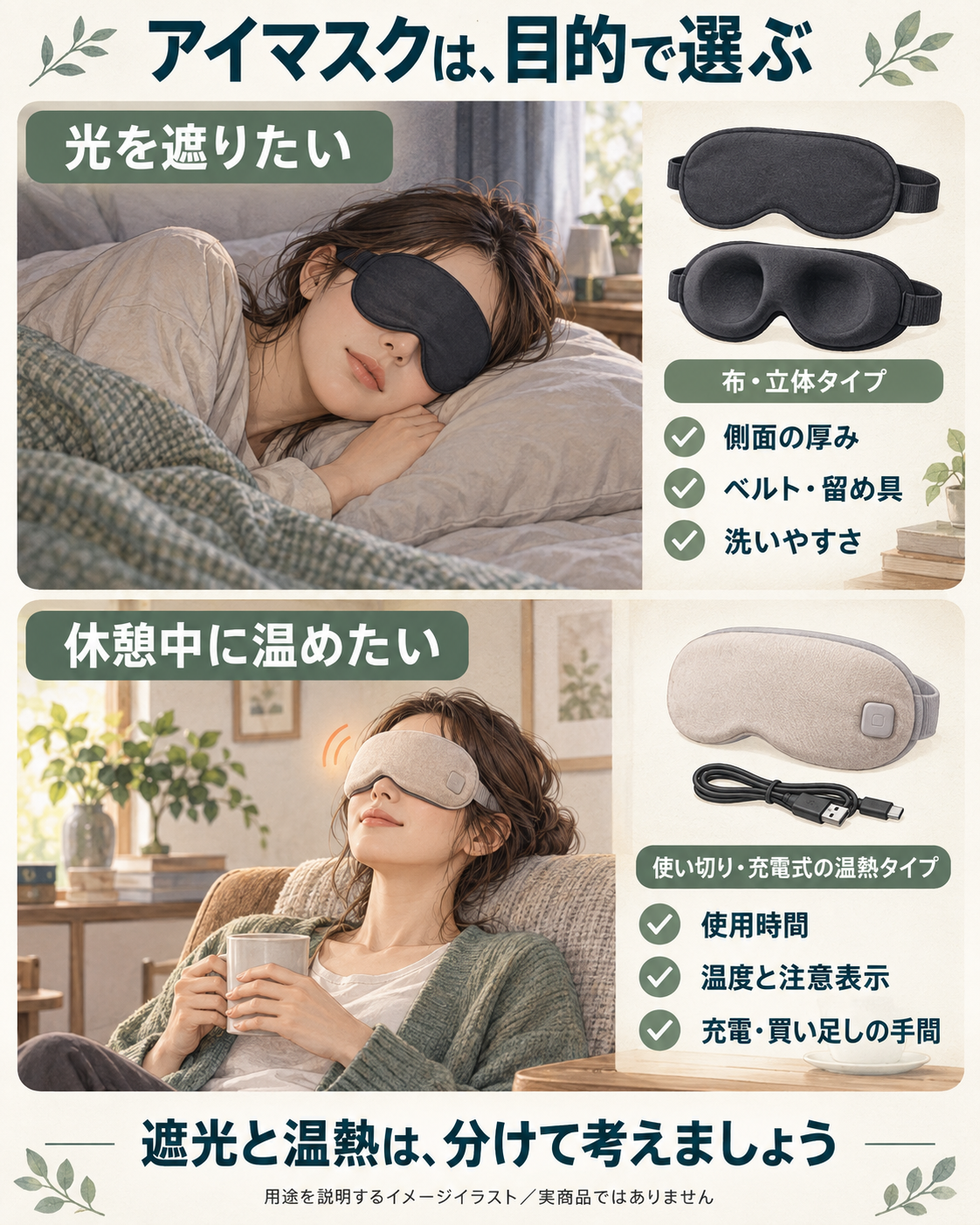 遮光用の布・立体アイマスクは厚みやベルトを確認し、温熱タイプは使用時間や注意表示を確認する、目的別の選び方のイラスト