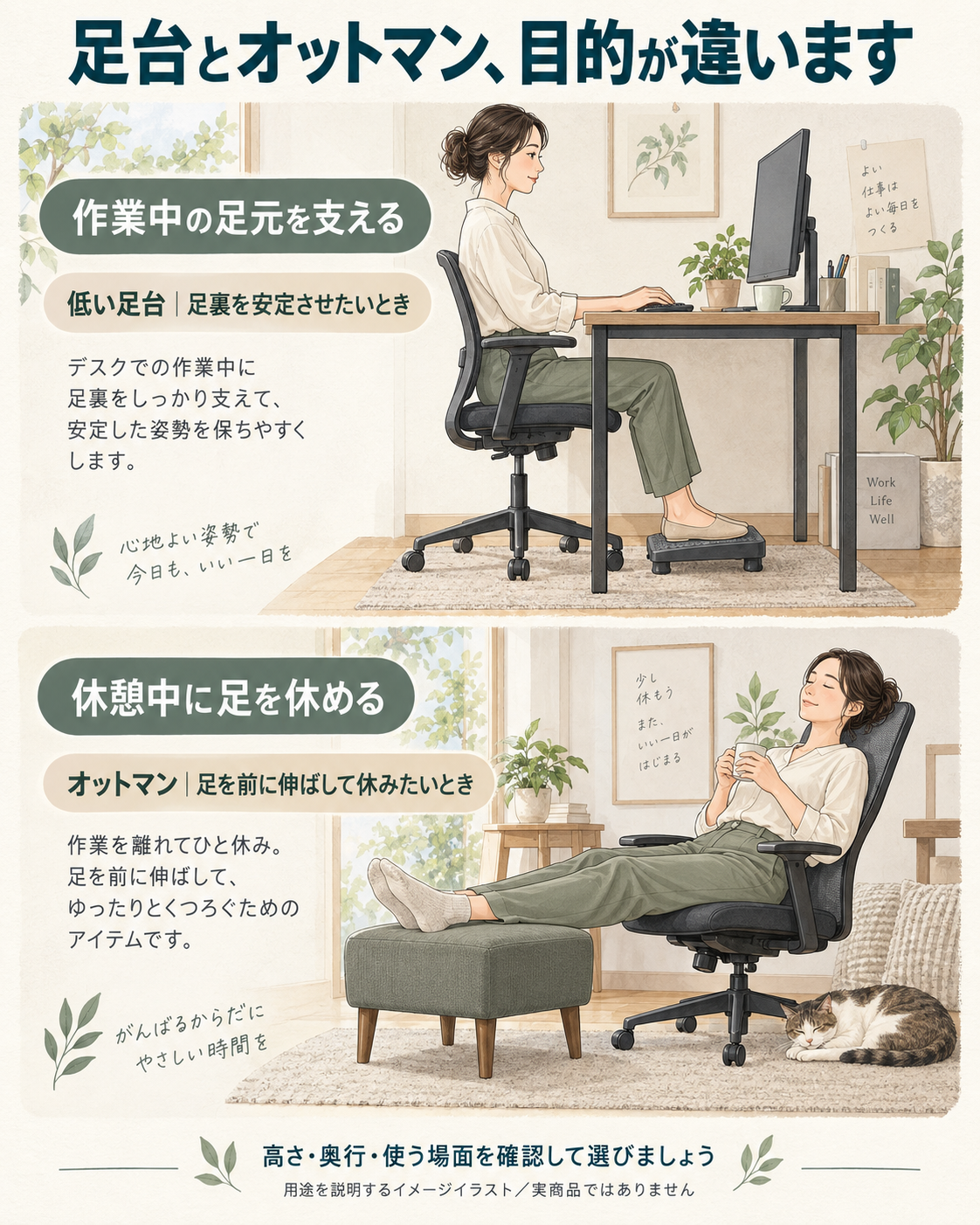 作業中は低い足台で足裏を支え、休憩中はオットマンに足を乗せて休む、2つの用途を示したイラスト