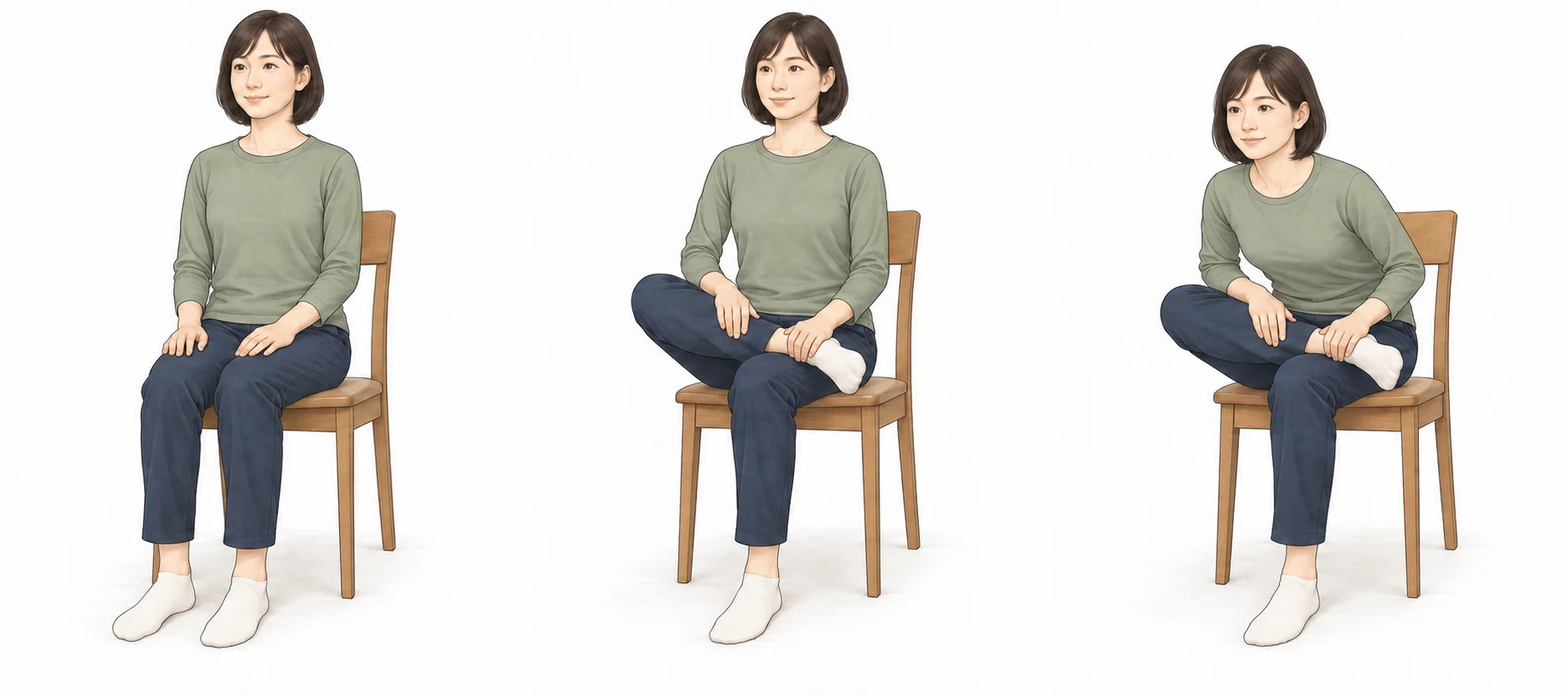 斜め前から見た椅子座位。両足を腰幅で床へ置き、上体を起こしている。