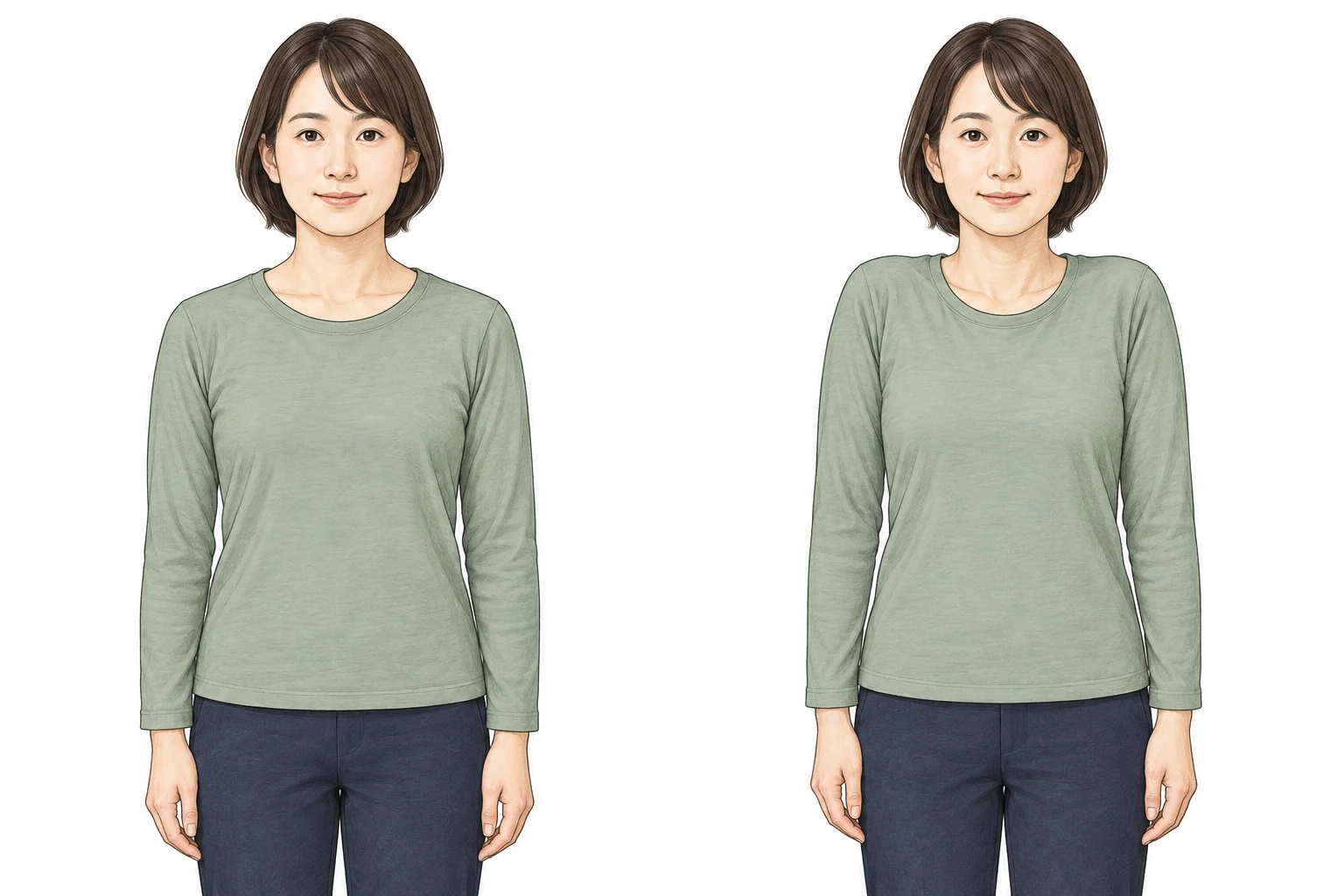 正面から見た上半身。両肩の力を抜き、頭と胸を正面に保っている。