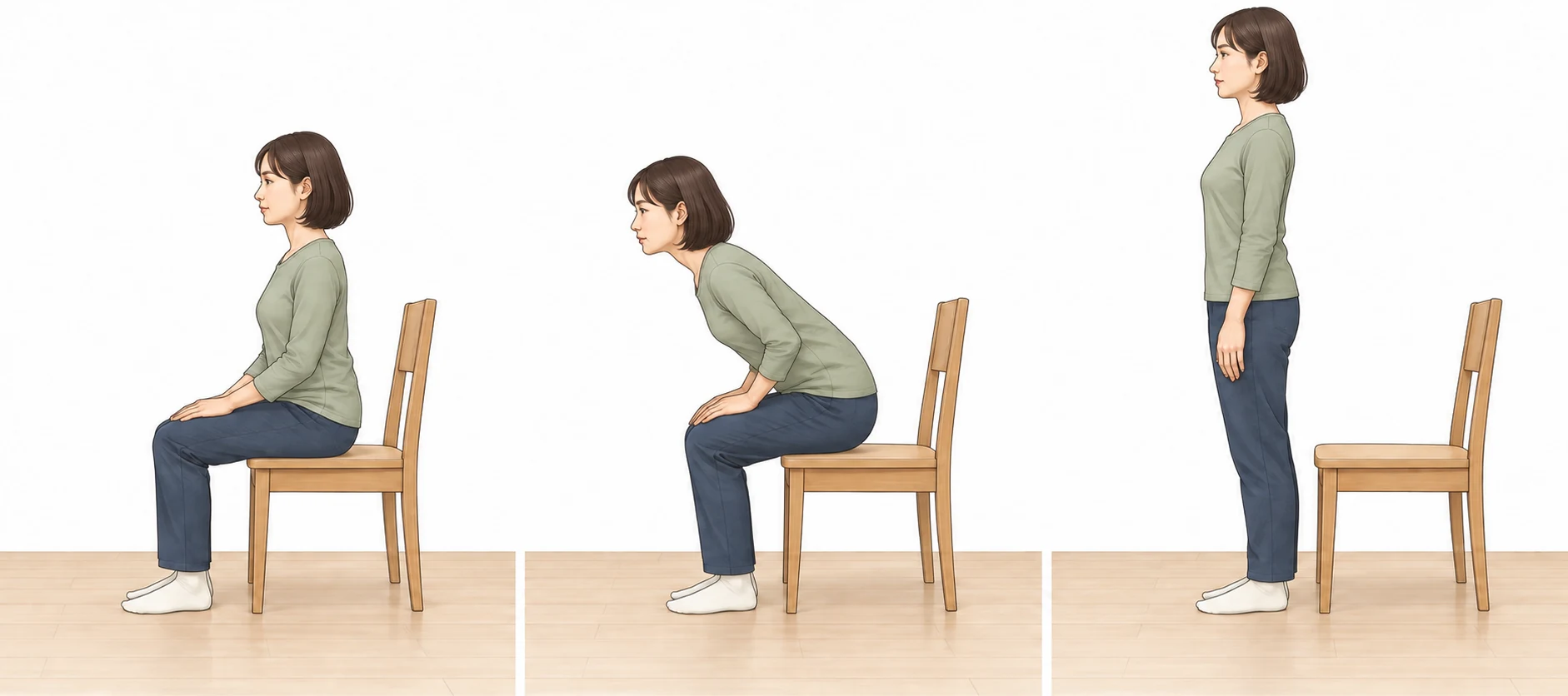 左向きの側面。椅子に座り、両足を膝の下で床につけ、手を太ももへ添えた準備姿勢。